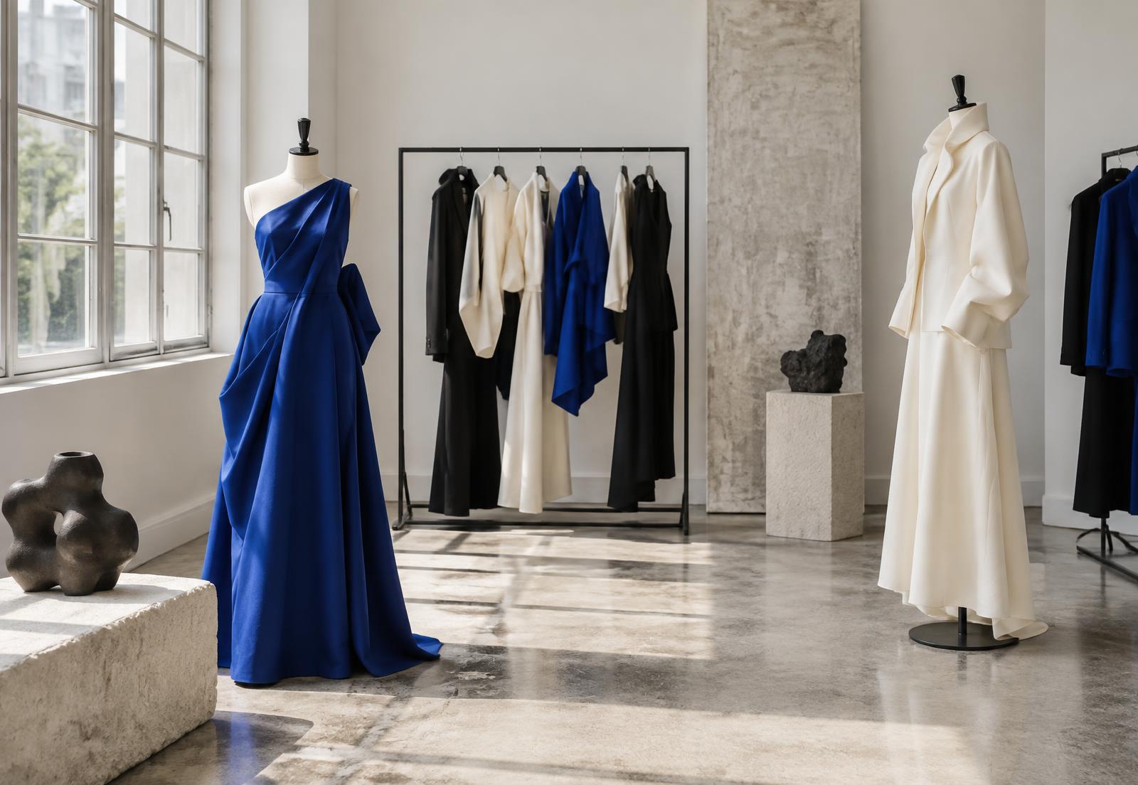 Contemporary blue, ivory and black fashion collection in a bright studio