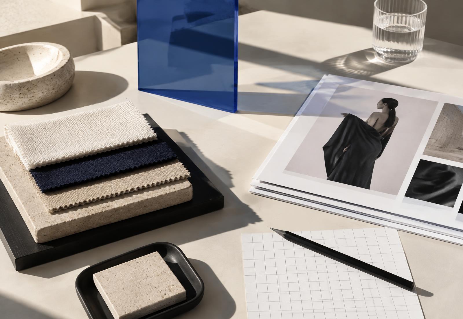 Material swatches, blue acrylic and editorial planning materials